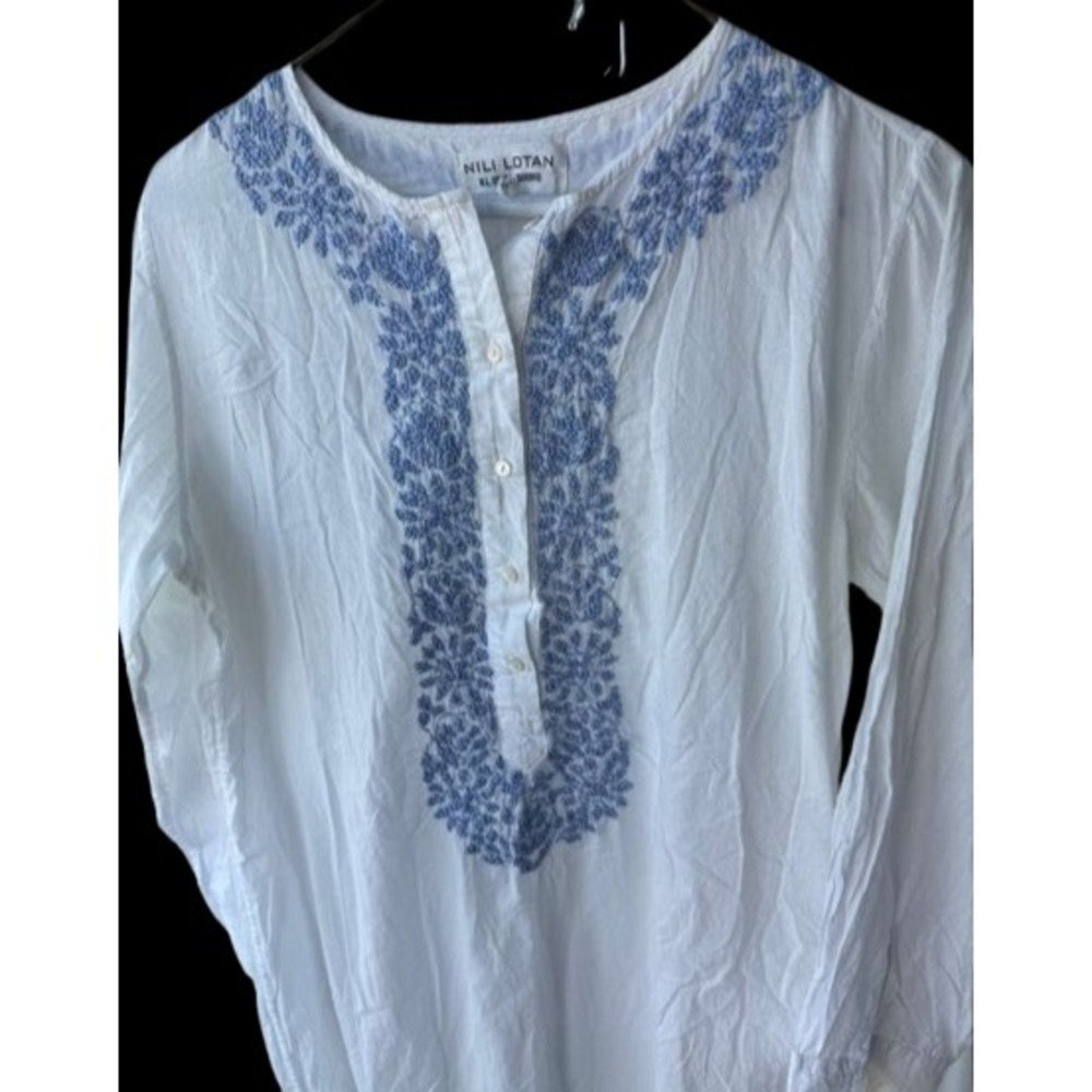 Nili Lotan Womens Embroidered Tunic Blouse White Blue Boho Peasant S Lagenlook‎ - Picture 3 of 6